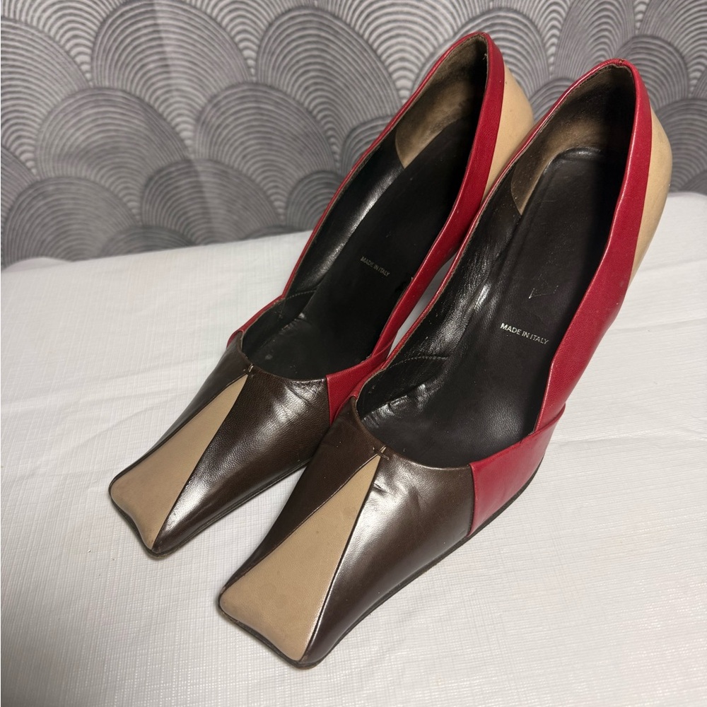 Vintage Prada Colorblock Pointed Toe Heels - Brown/Red/Cream